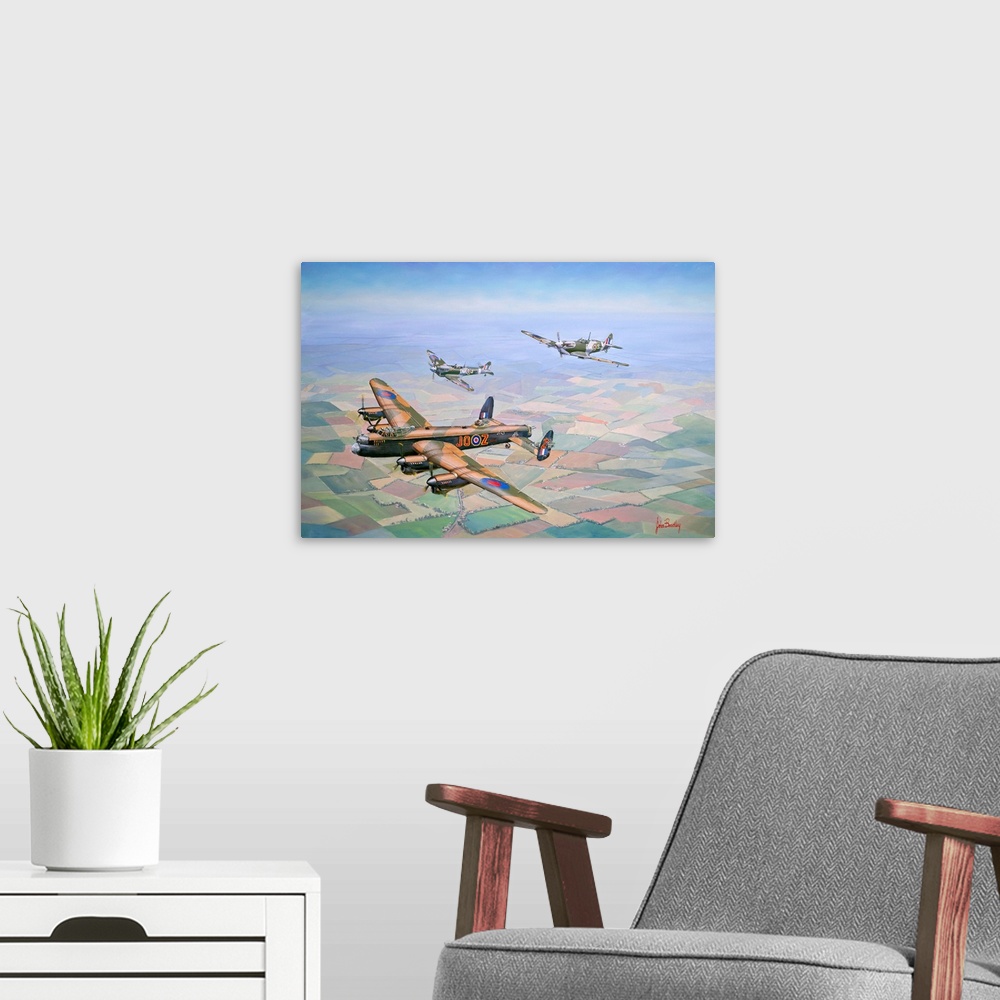 A modern room featuring Contemporary painting of military planes in the heat of battle.