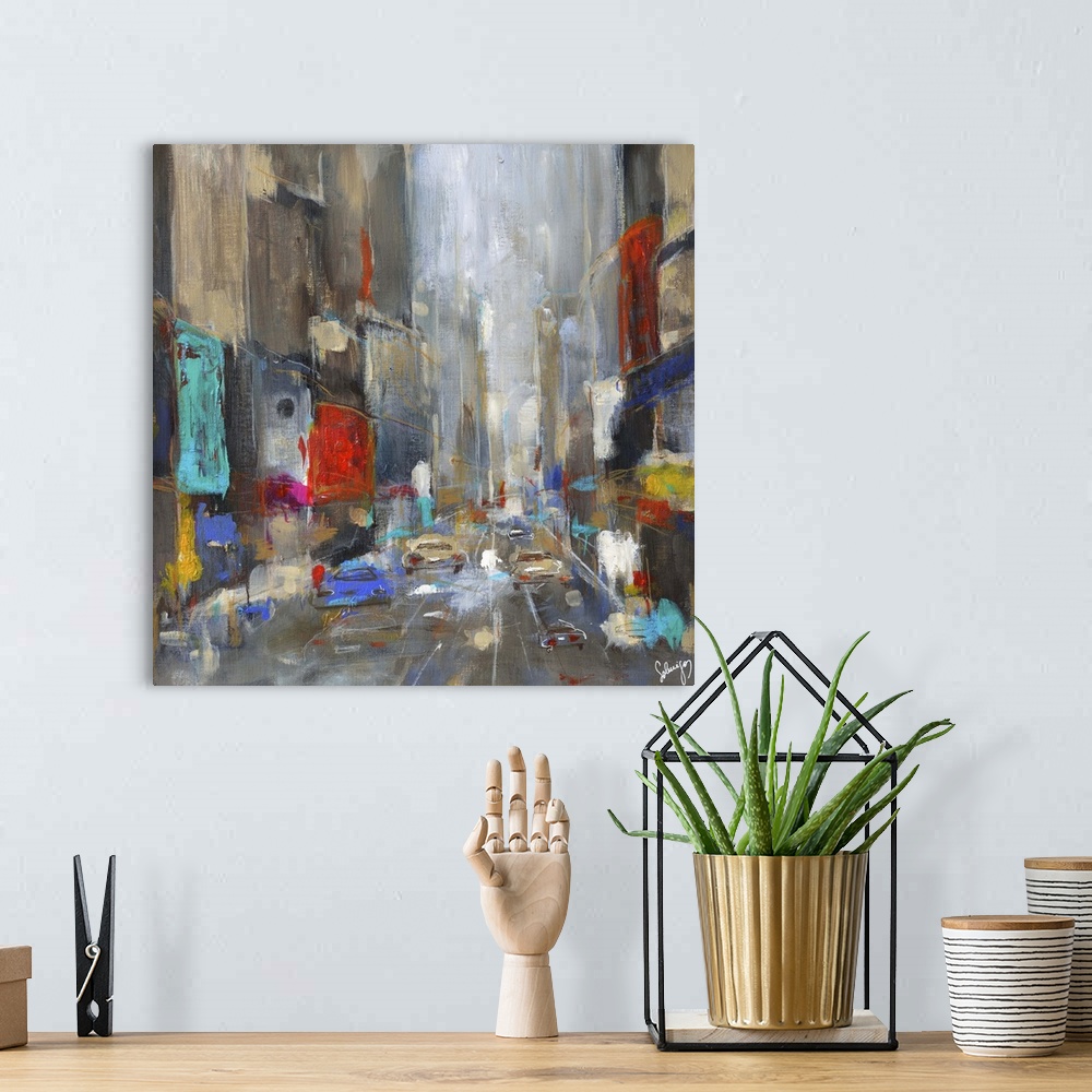 A bohemian room featuring Contemporary painting of a busy street full of traffic.