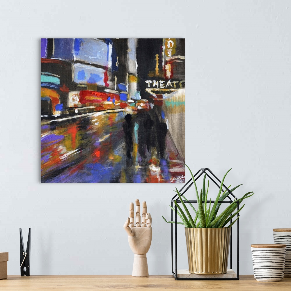A bohemian room featuring Contemporary painting of people walking down a city street in the evening.