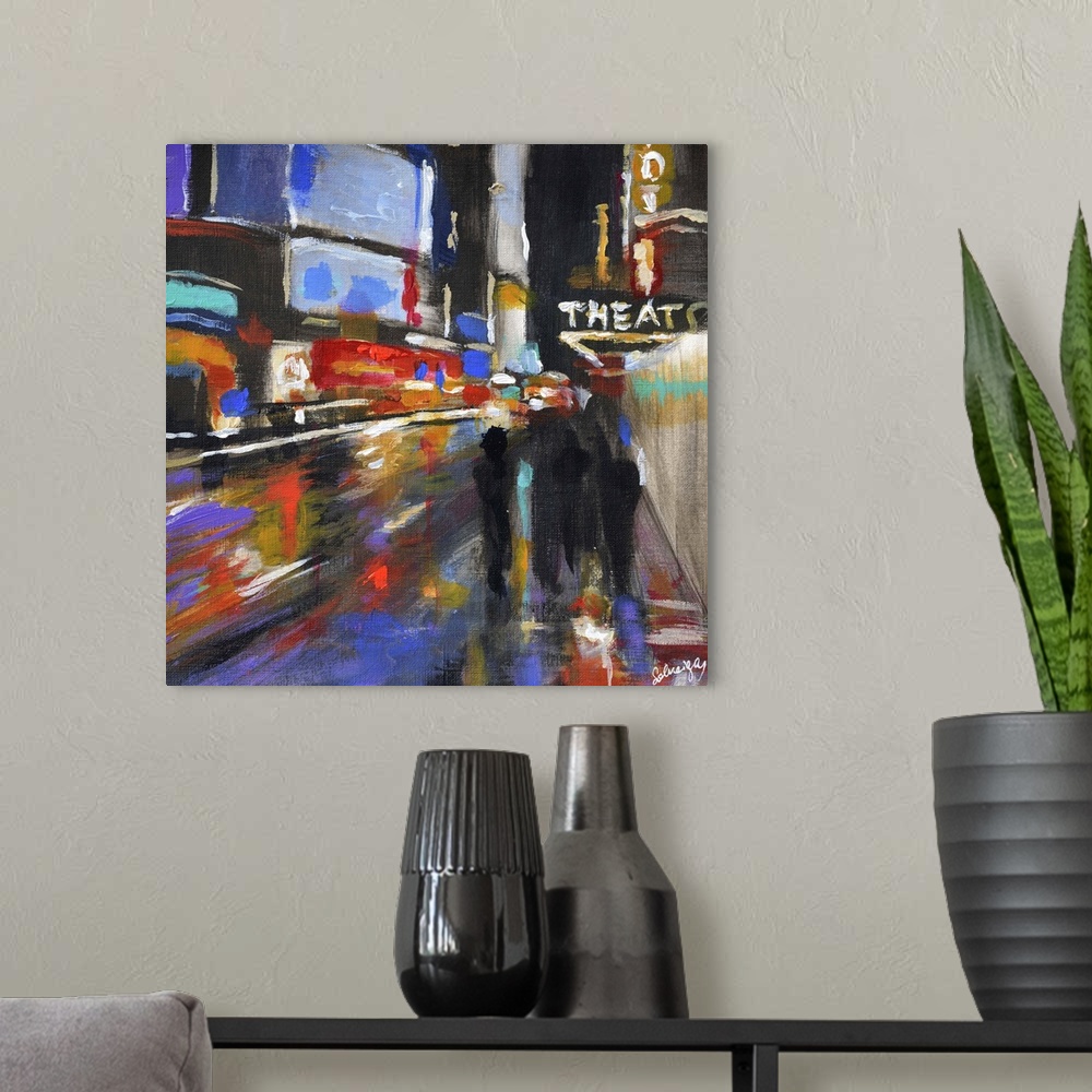 A modern room featuring Contemporary painting of people walking down a city street in the evening.