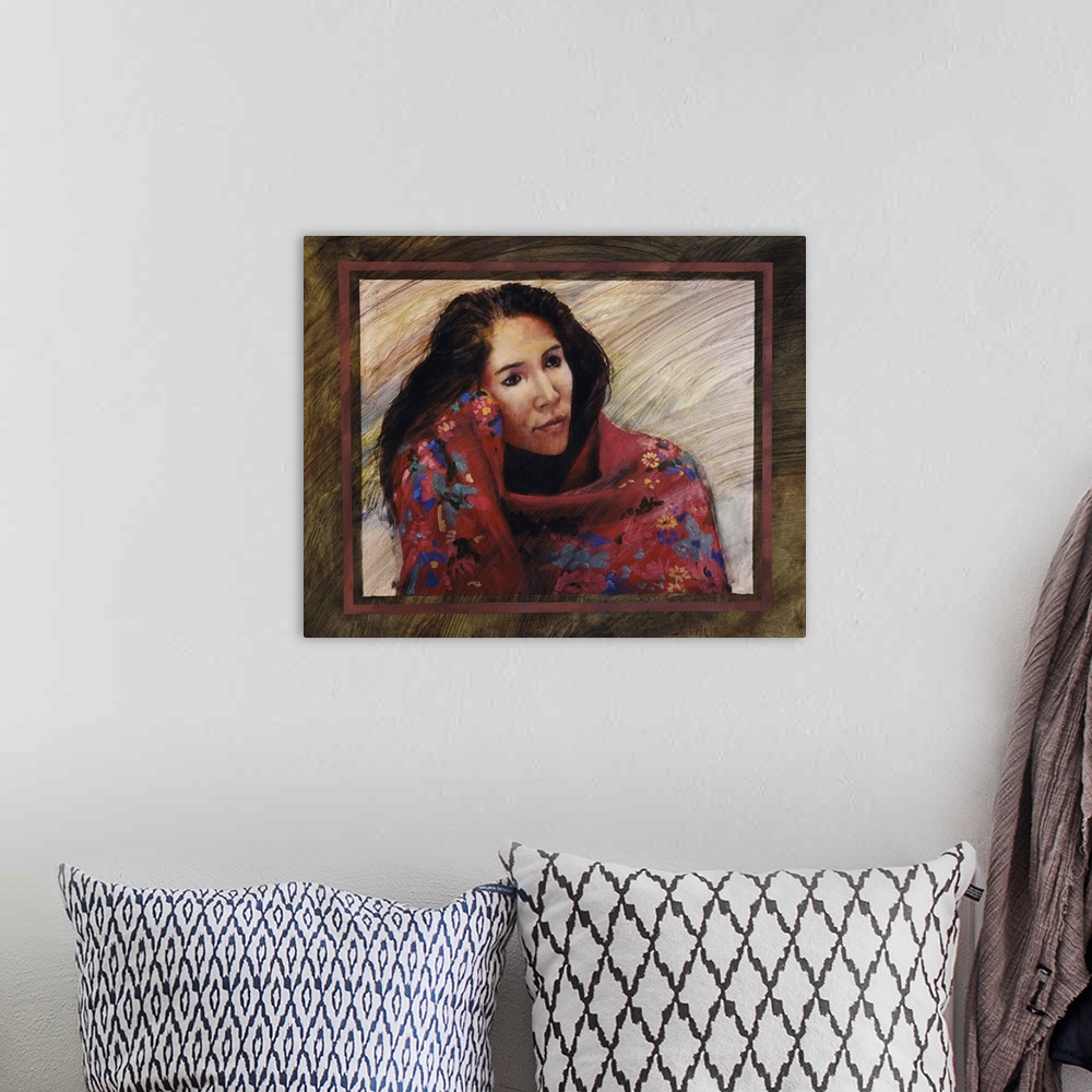 A bohemian room featuring Western themed contemporary painting of a Native American woman wrapped in a blanket.