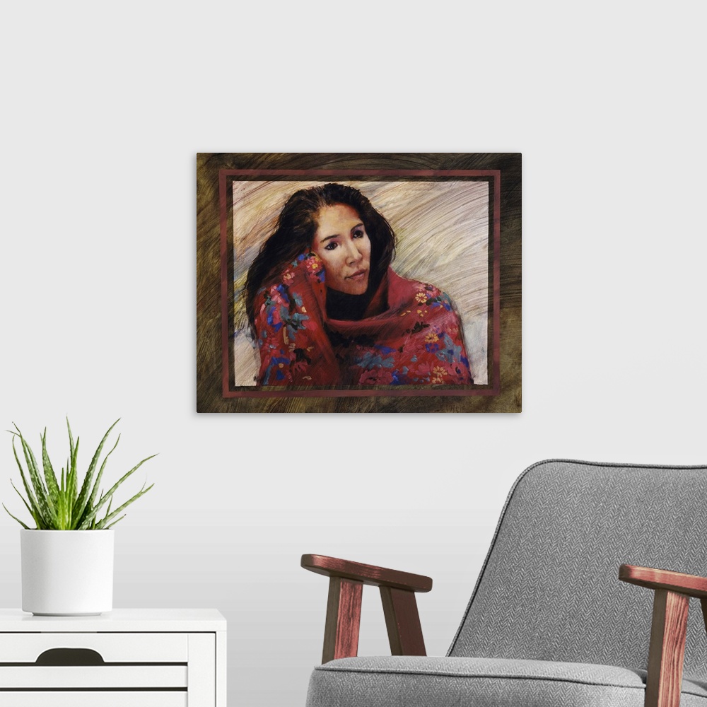 A modern room featuring Western themed contemporary painting of a Native American woman wrapped in a blanket.
