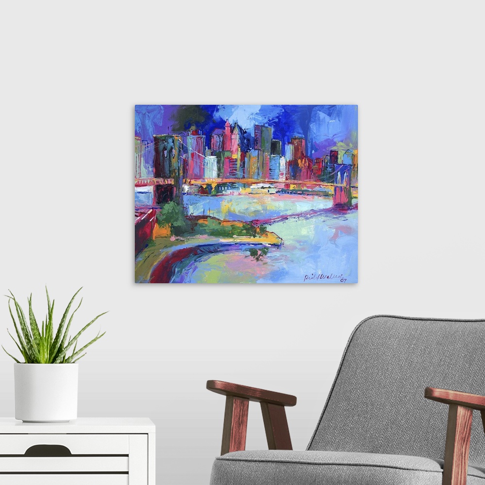 A modern room featuring Contemporary colorful painting of an urban skyline.