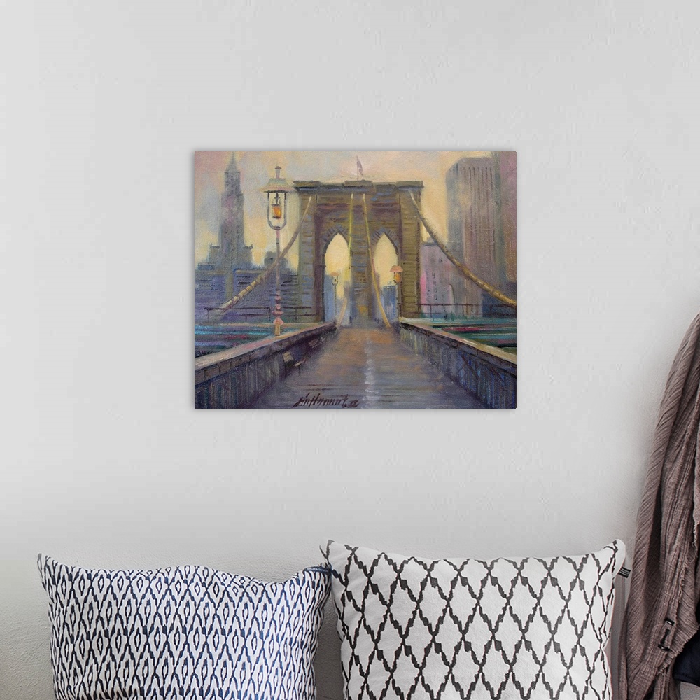 A bohemian room featuring Contemporary painting looking straight on at the Brooklyn bridge, with the Manhattan skyline in t...