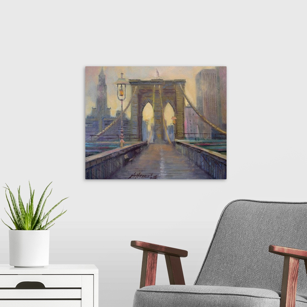 A modern room featuring Contemporary painting looking straight on at the Brooklyn bridge, with the Manhattan skyline in t...