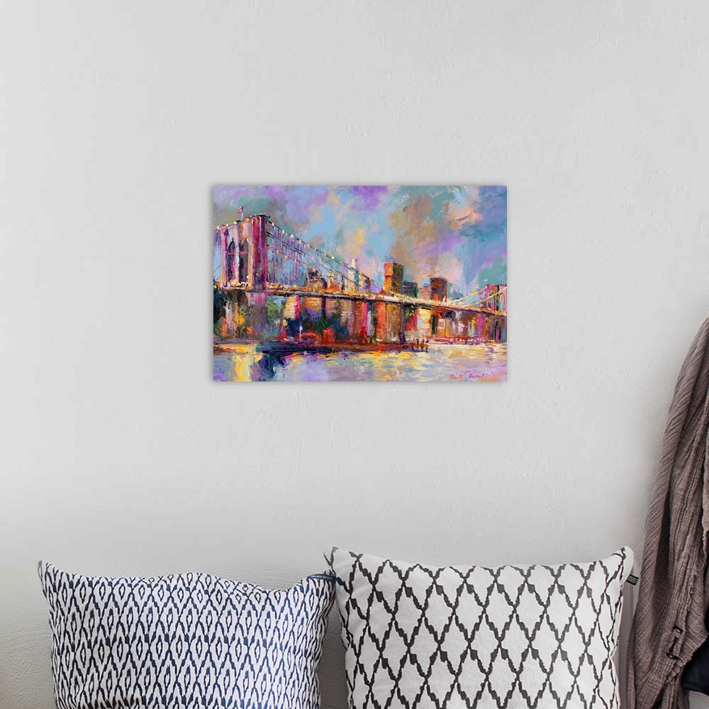 A bohemian room featuring Colorful abstract painting of the Brooklyn Bridge and the NYC skyline in the distance.