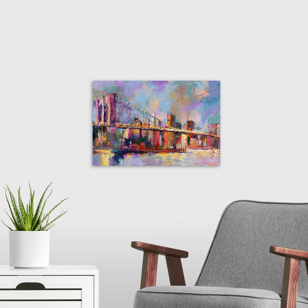 A modern room featuring Colorful abstract painting of the Brooklyn Bridge and the NYC skyline in the distance.