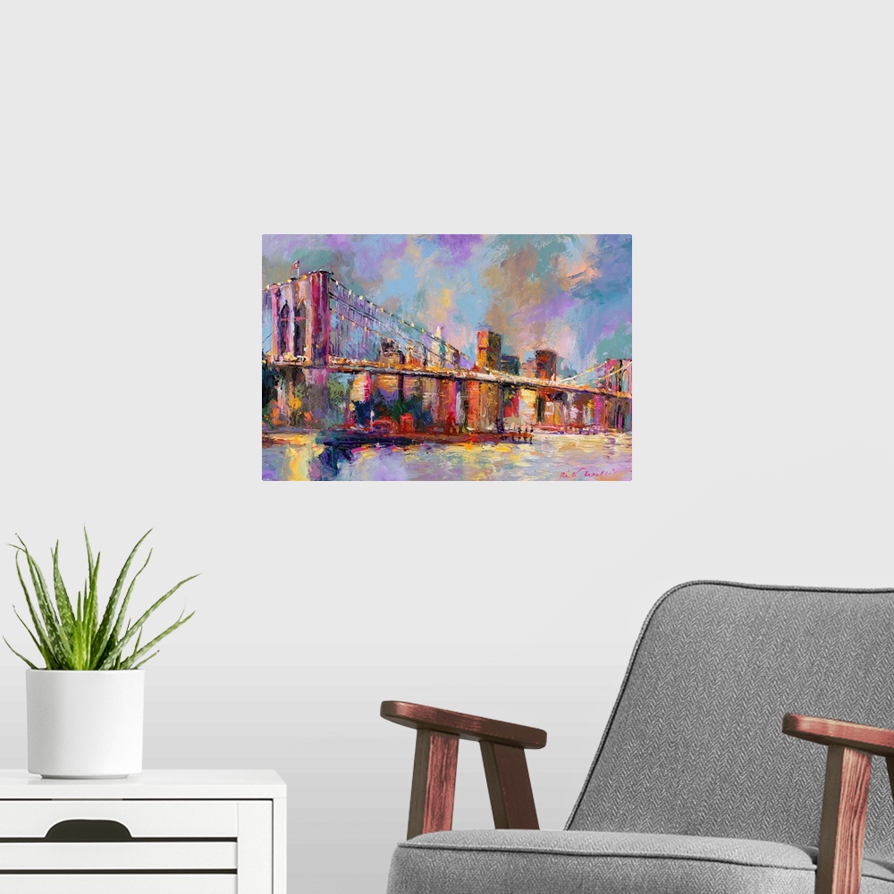 A modern room featuring Colorful abstract painting of the Brooklyn Bridge and the NYC skyline in the distance.