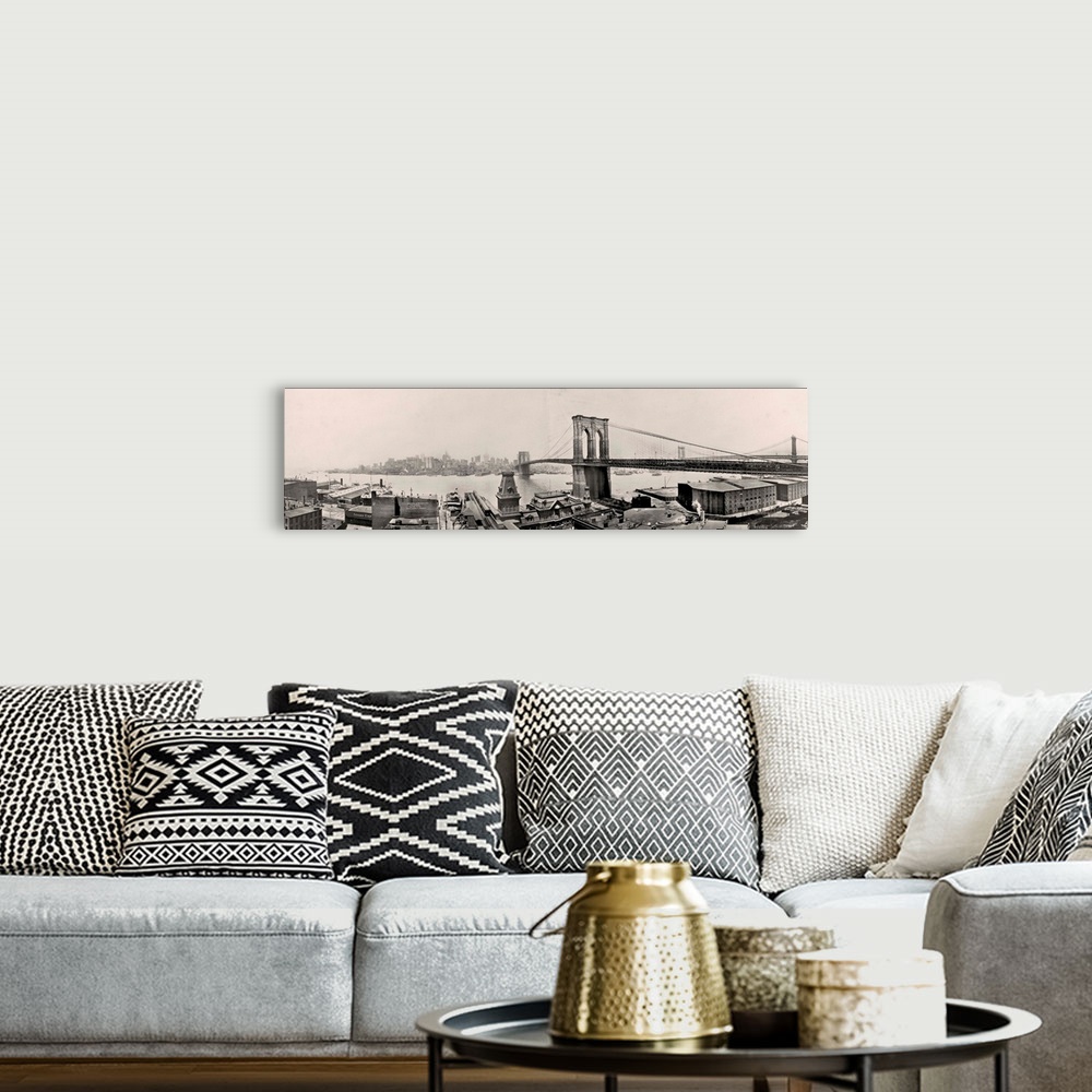 A bohemian room featuring Vintage photograph of the Brooklyn Bridge in New York City.
