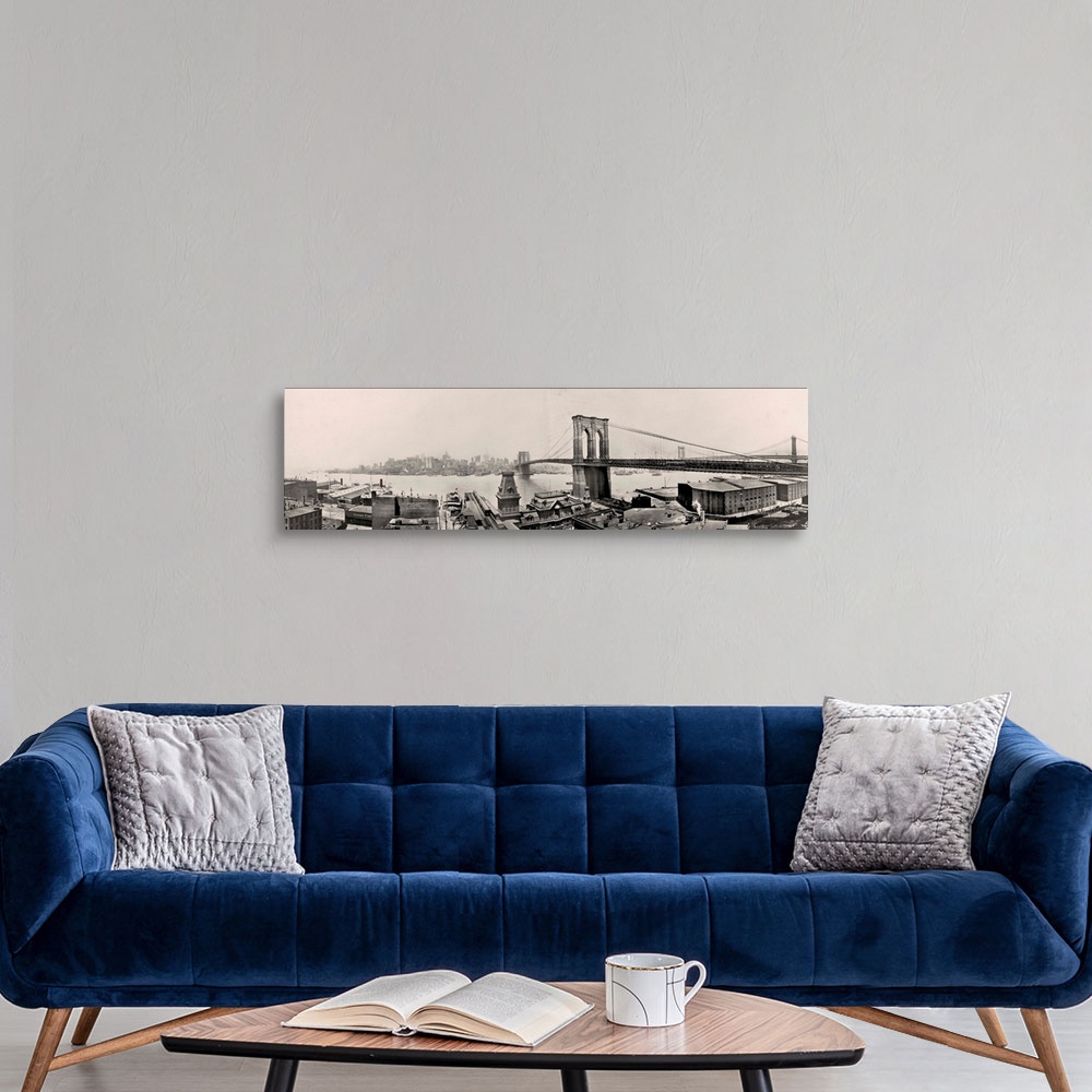 A modern room featuring Vintage photograph of the Brooklyn Bridge in New York City.