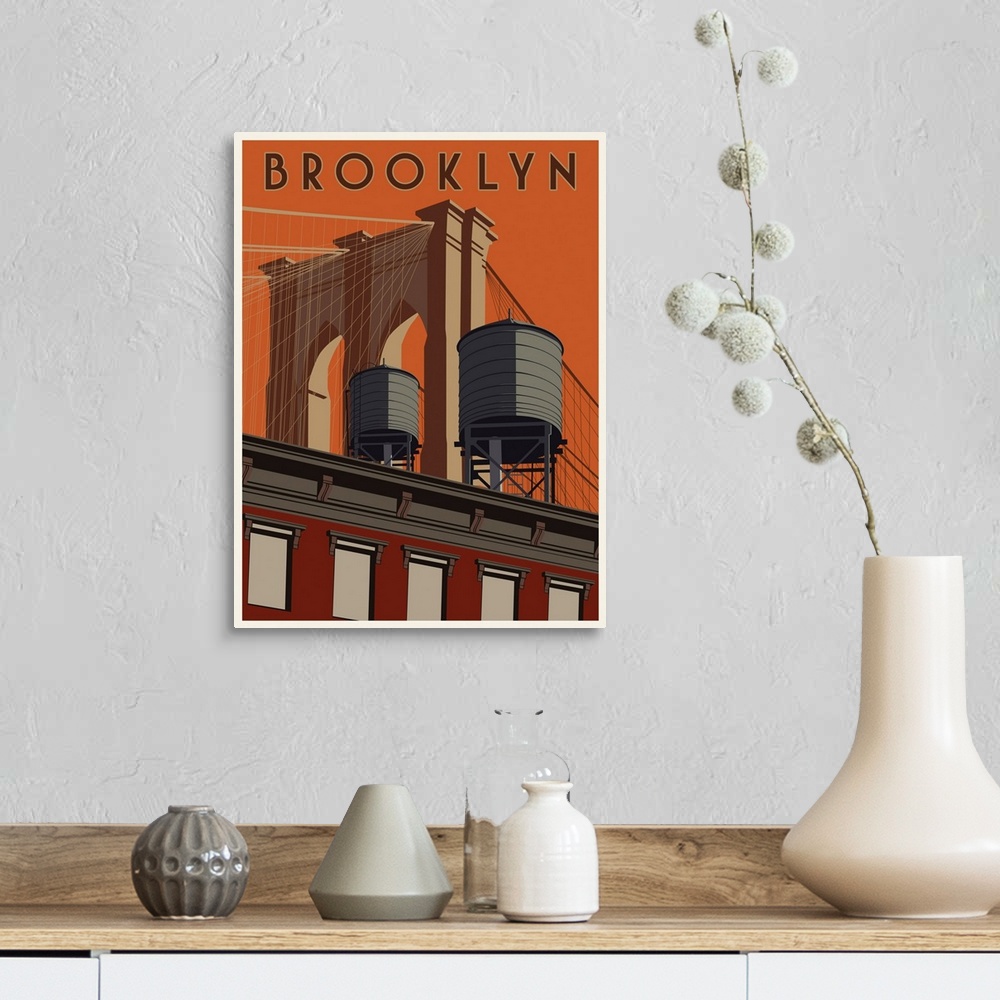 A farmhouse room featuring Retro minimalist travel poster art.