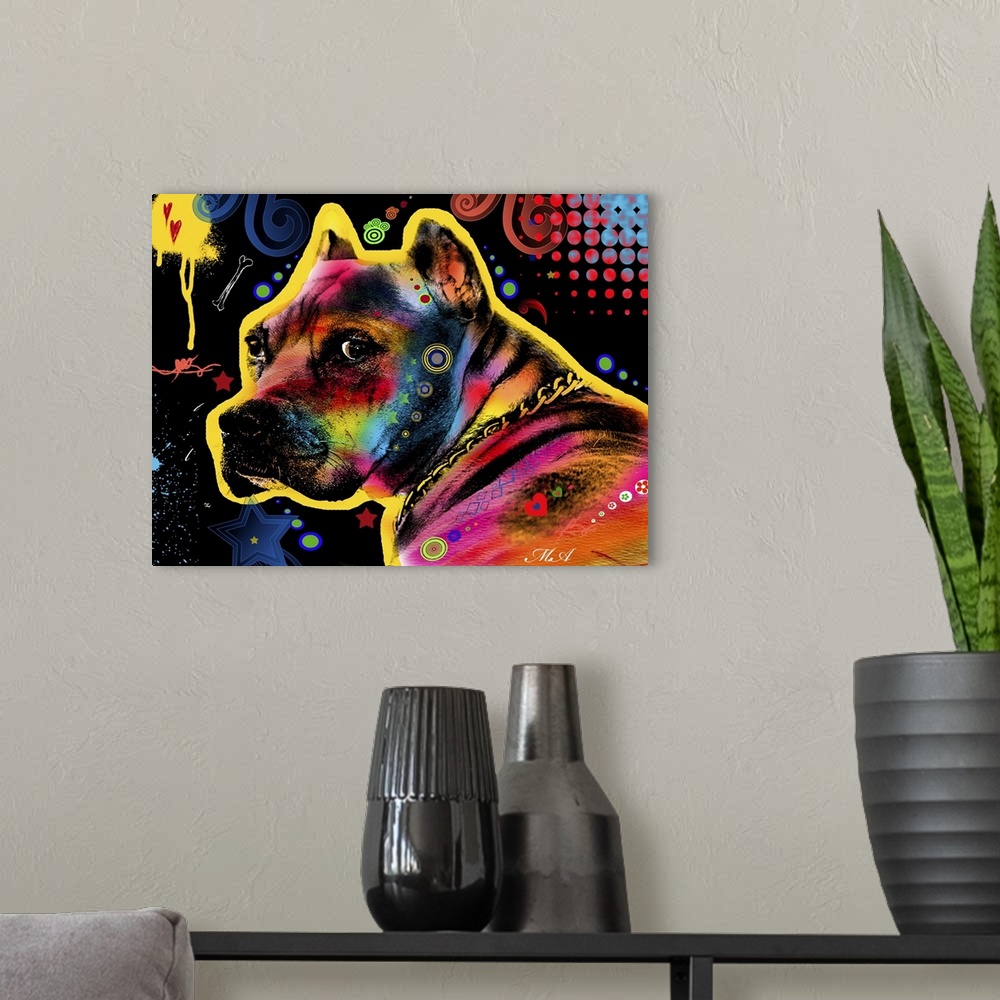 A modern room featuring Contemporary artwork of an American Pit Bull colored in an array of bright and vibrant colors.
