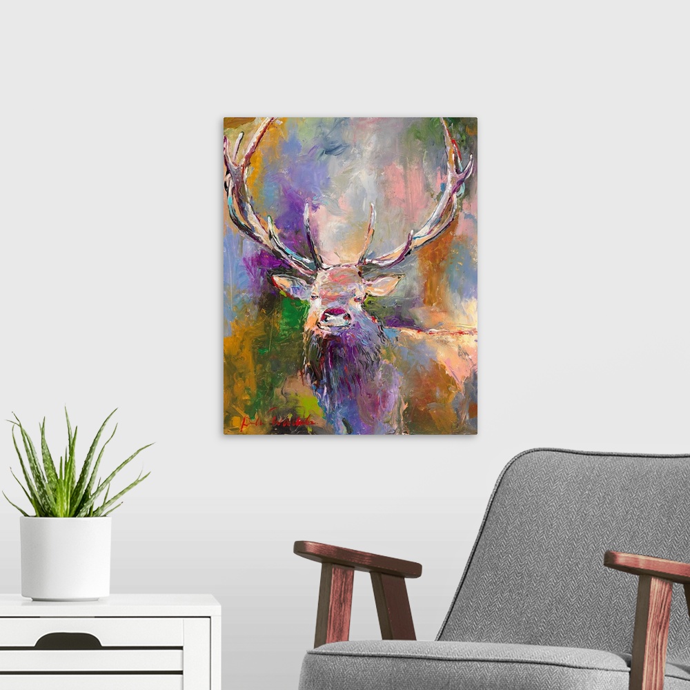 A modern room featuring Colorful abstract painting of a male deer with large antlers.
