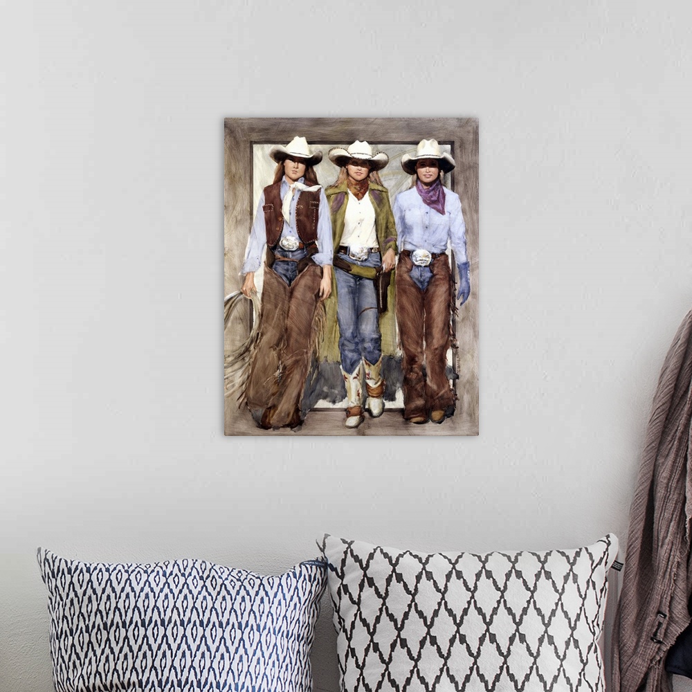 A bohemian room featuring Contemporary western theme painting of three cowgirls side by side looking tough.