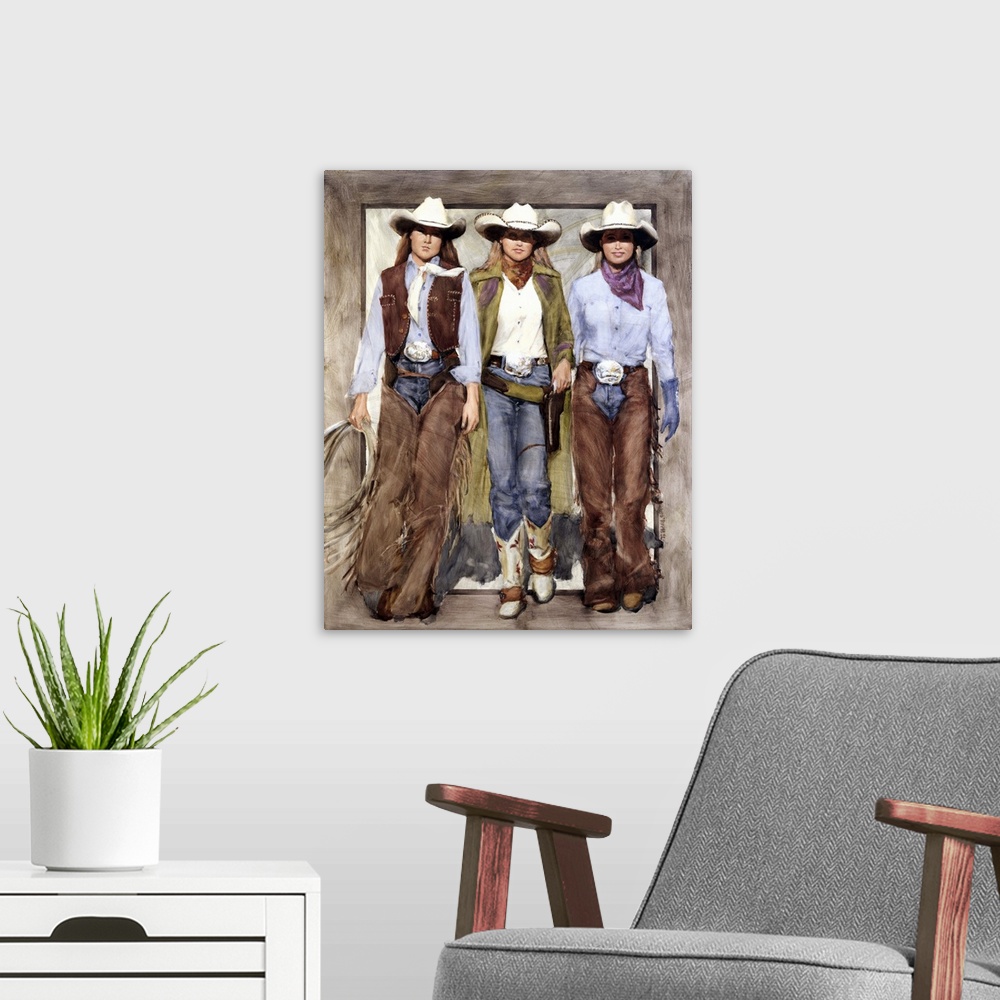 A modern room featuring Contemporary western theme painting of three cowgirls side by side looking tough.