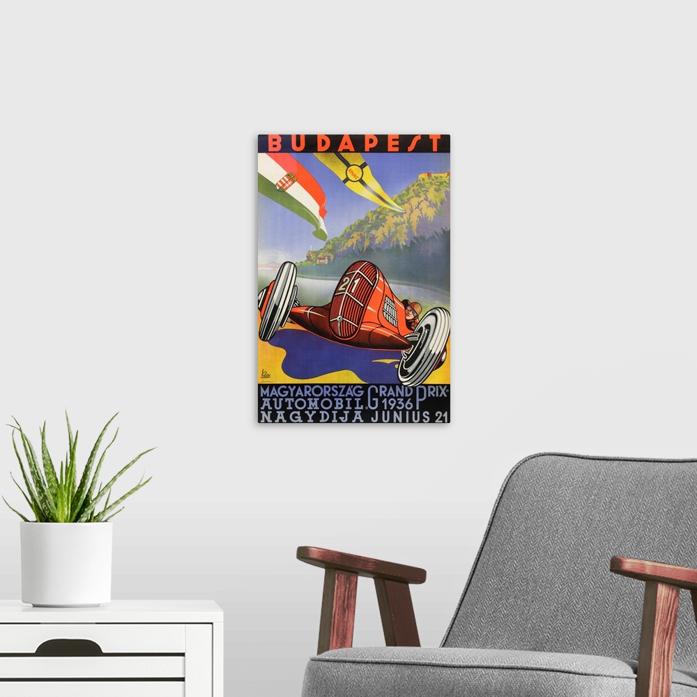 A modern room featuring Vintage poster advertisement for Budapest.