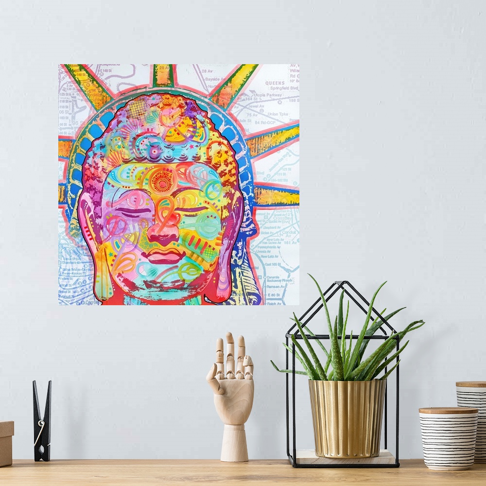 A bohemian room featuring Square illustration of the Statue of Liberty with Buddha's face on a white background with a colo...