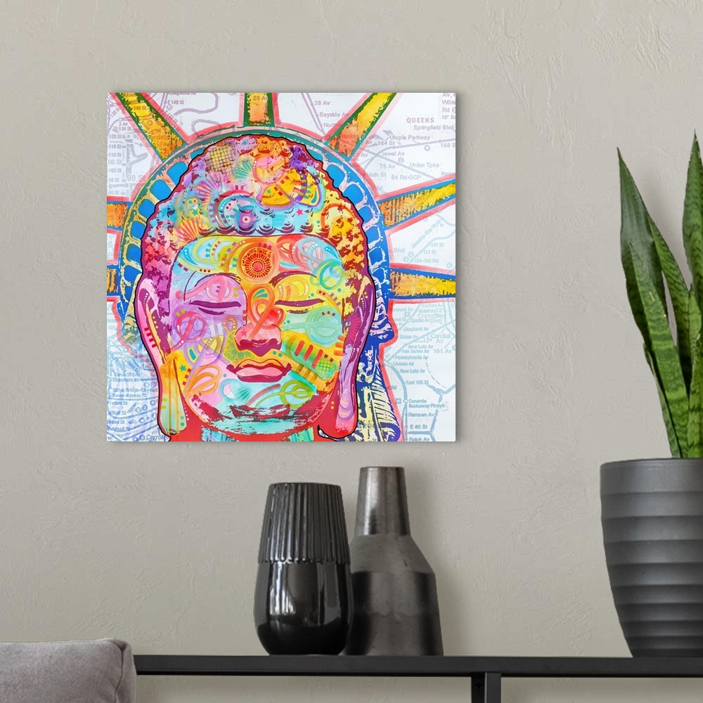 A modern room featuring Square illustration of the Statue of Liberty with Buddha's face on a white background with a colo...