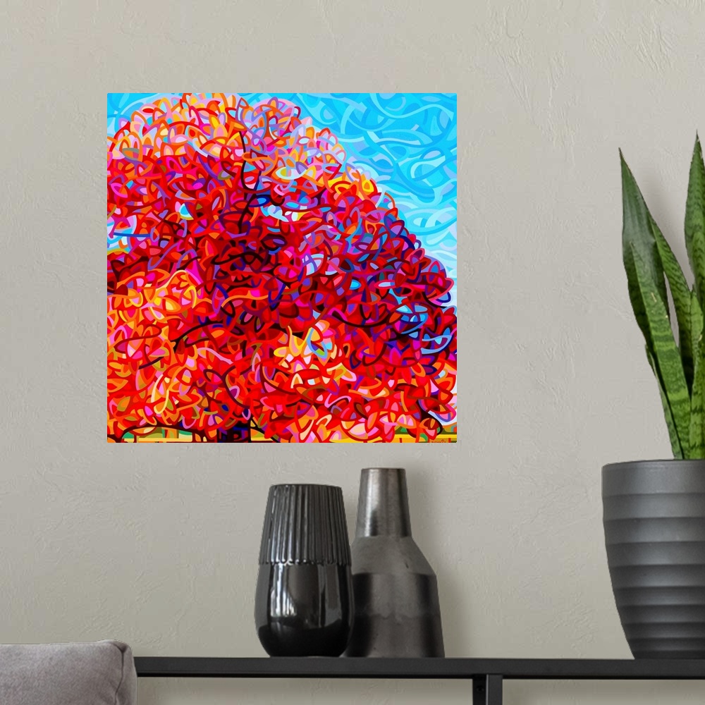 A modern room featuring Contemporary artwork of a large stylized tree with bright red leaves.