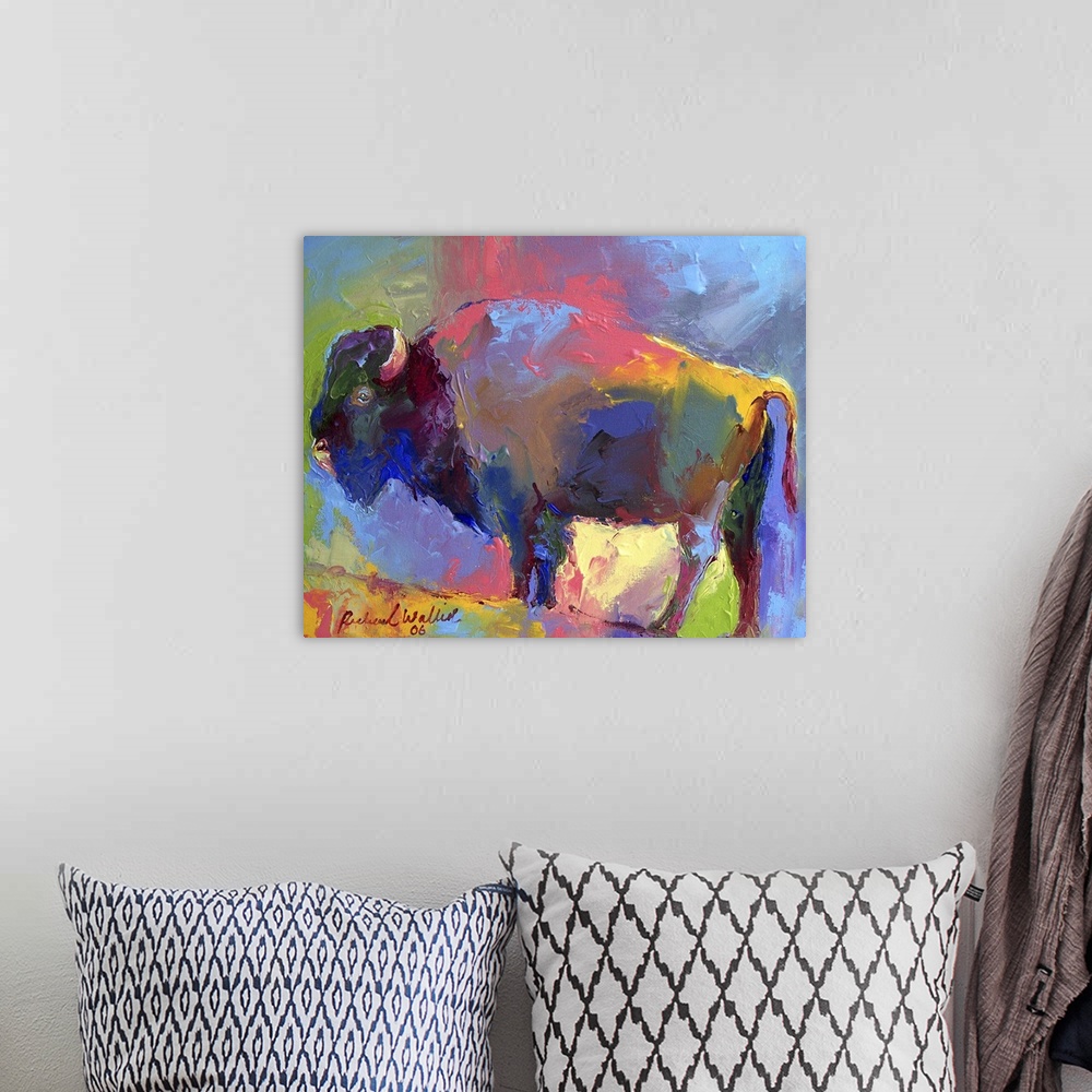 A bohemian room featuring Contemporary vibrant colorful painting of a bison.