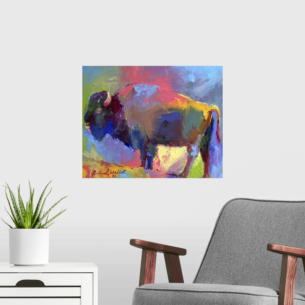 A modern room featuring Contemporary vibrant colorful painting of a bison.