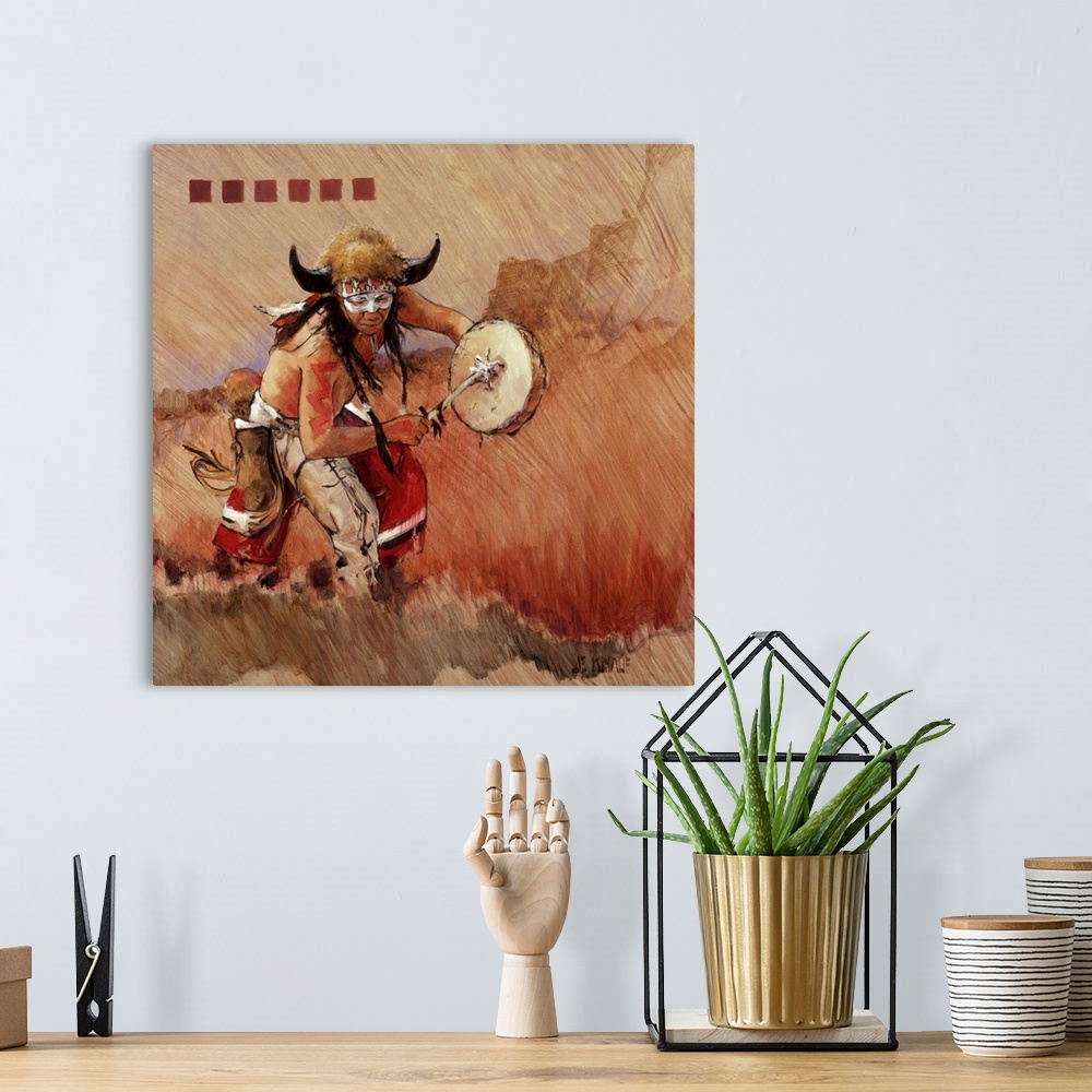 A bohemian room featuring Western themed contemporary painting of a traditionally dressed Native American performing ceremo...