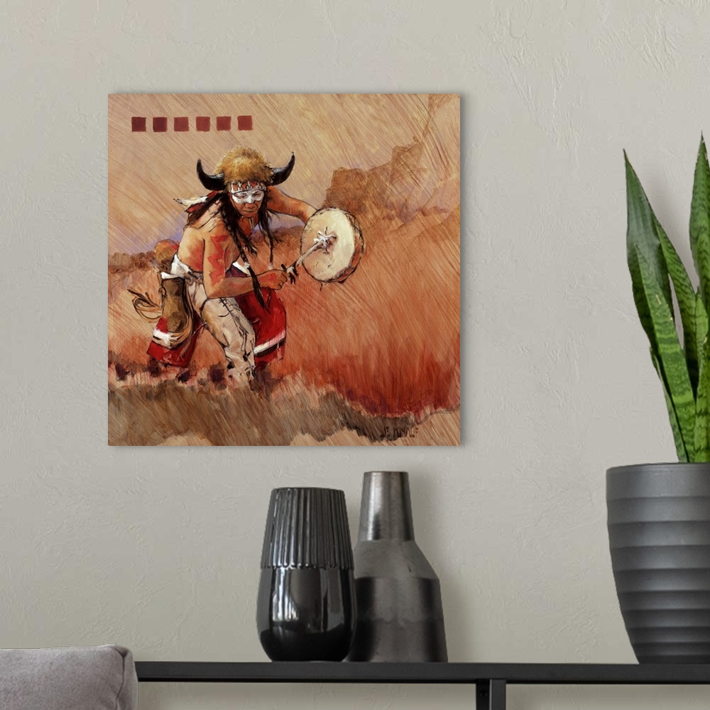 A modern room featuring Western themed contemporary painting of a traditionally dressed Native American performing ceremo...