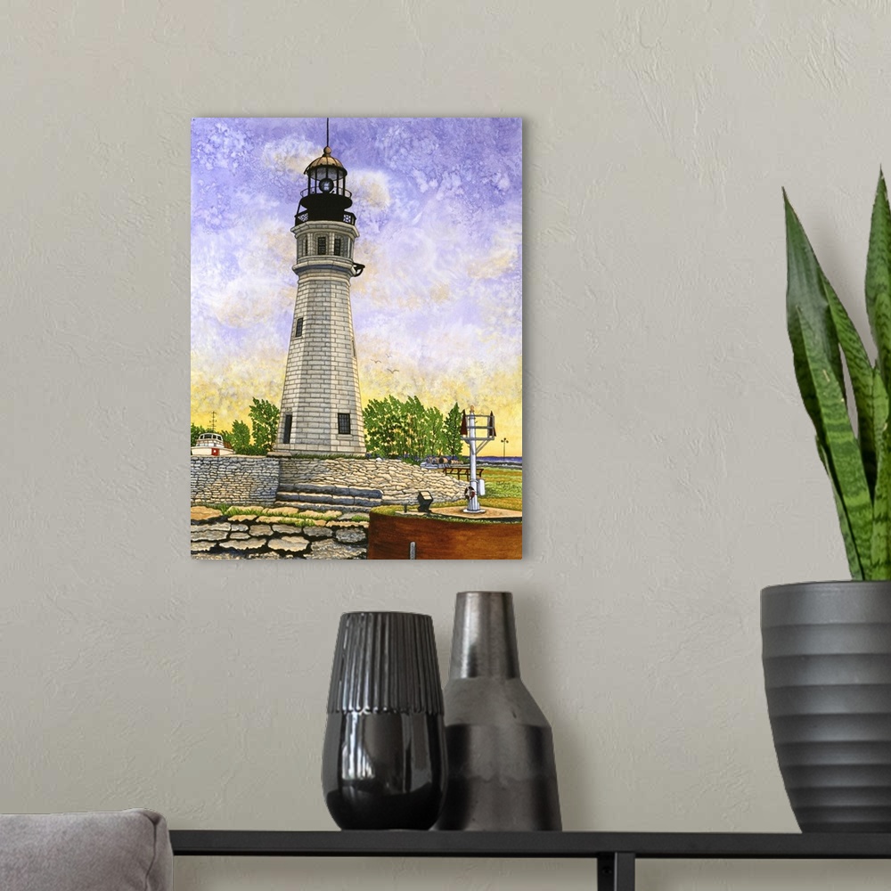 A modern room featuring Contemporary painting of a white lighthouse at dusk.