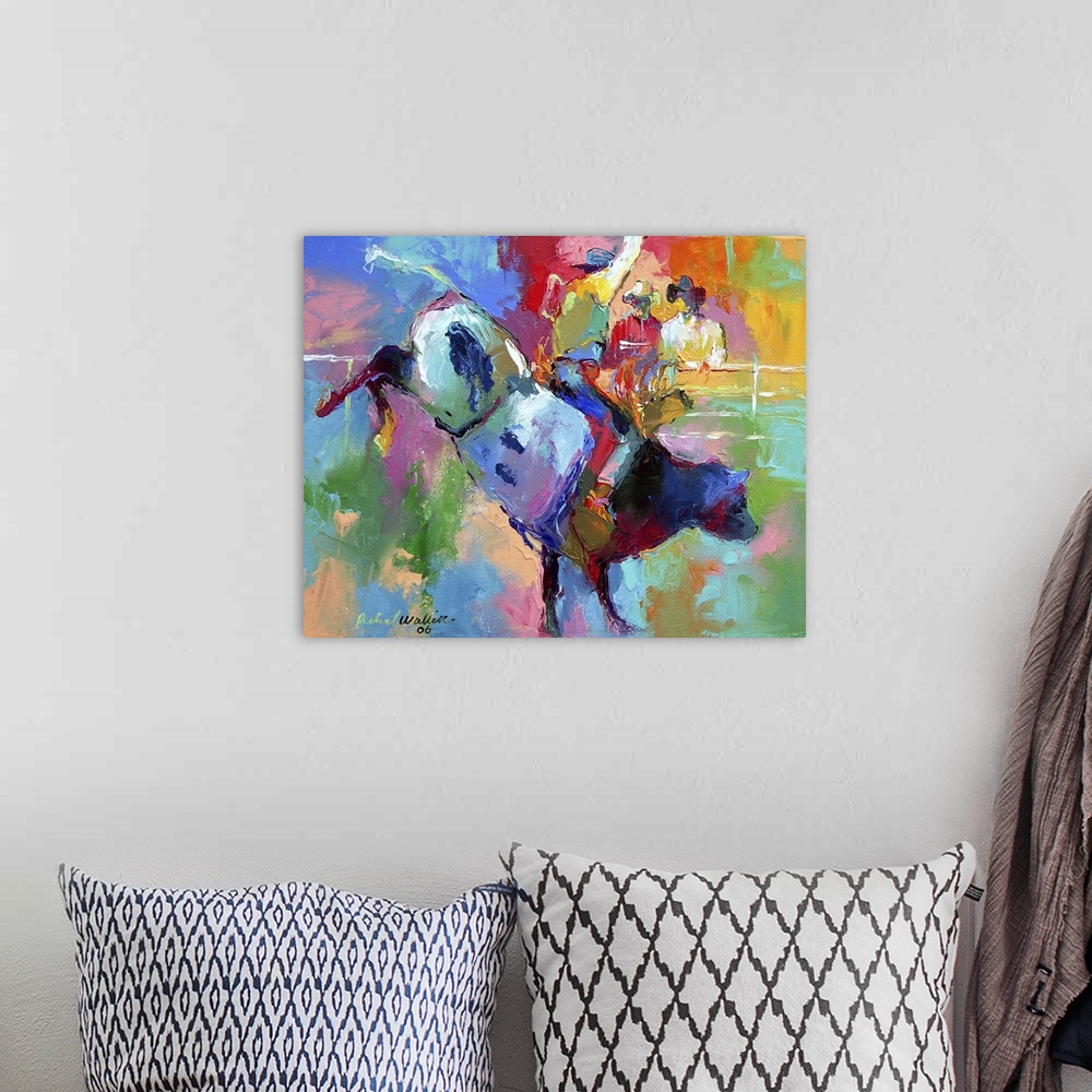 A bohemian room featuring Contemporary vibrant colorful painting of a cowboy riding a bull.