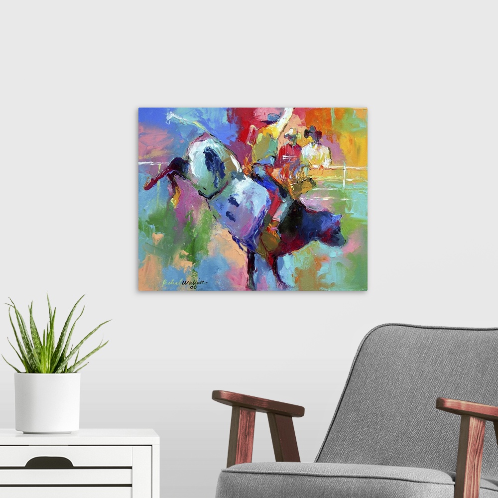 A modern room featuring Contemporary vibrant colorful painting of a cowboy riding a bull.
