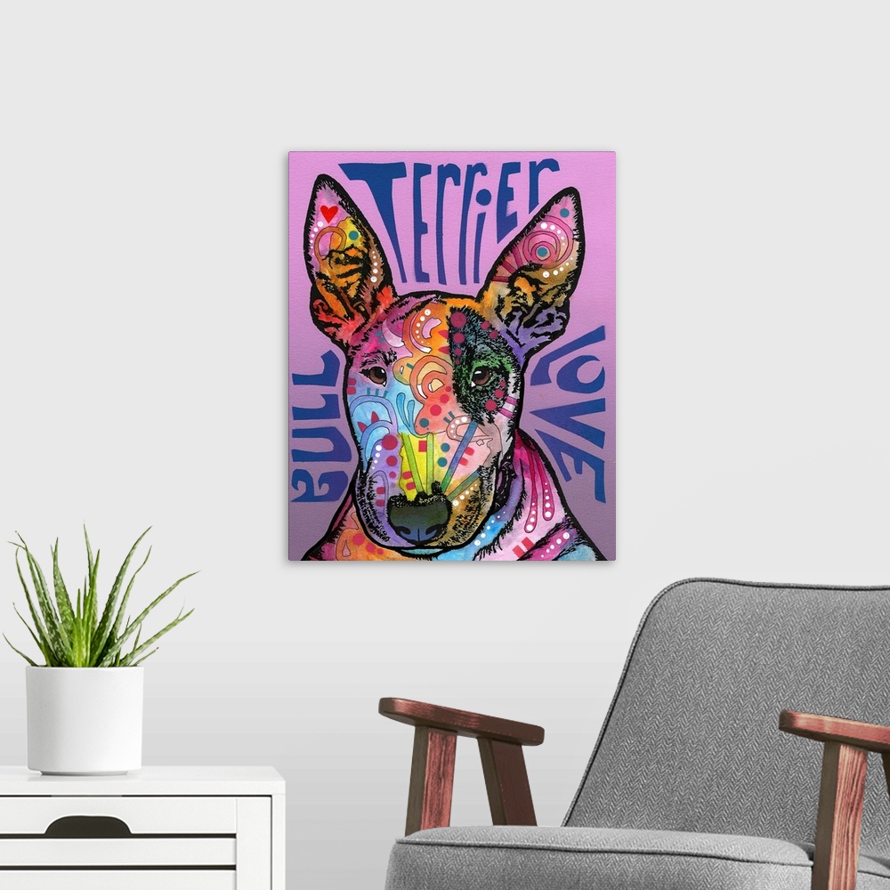 A modern room featuring "Bull Terrier Luv" written around a colorful painting of a Bull Terrier with abstract markings on...