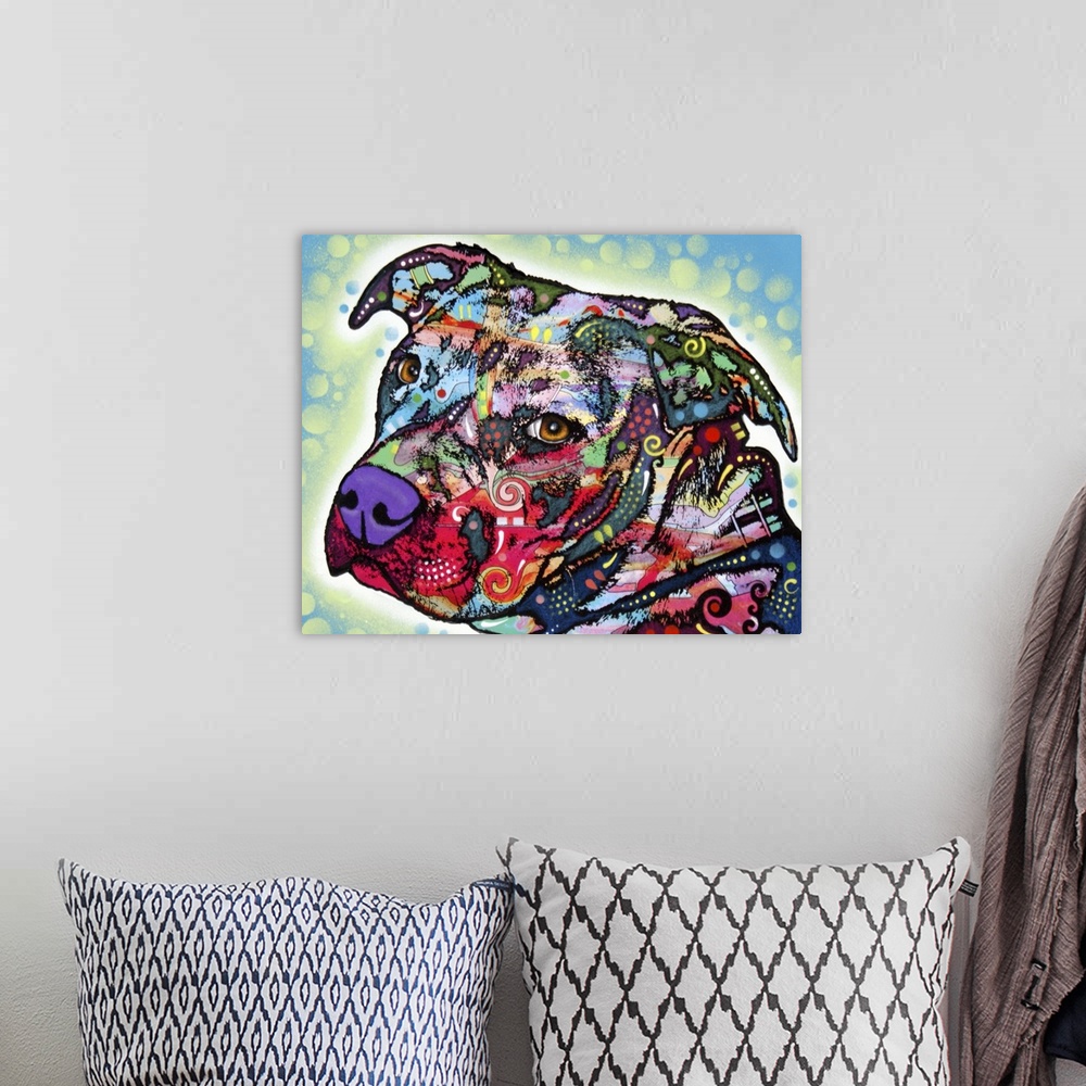 A bohemian room featuring Vibrant colors and patterns are used to draw a picture of just the head of a dog.