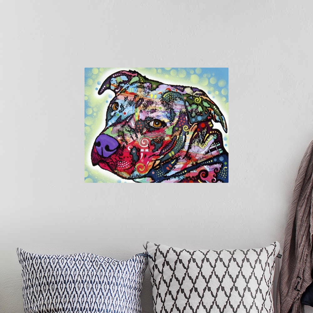A bohemian room featuring Vibrant colors and patterns are used to draw a picture of just the head of a dog.