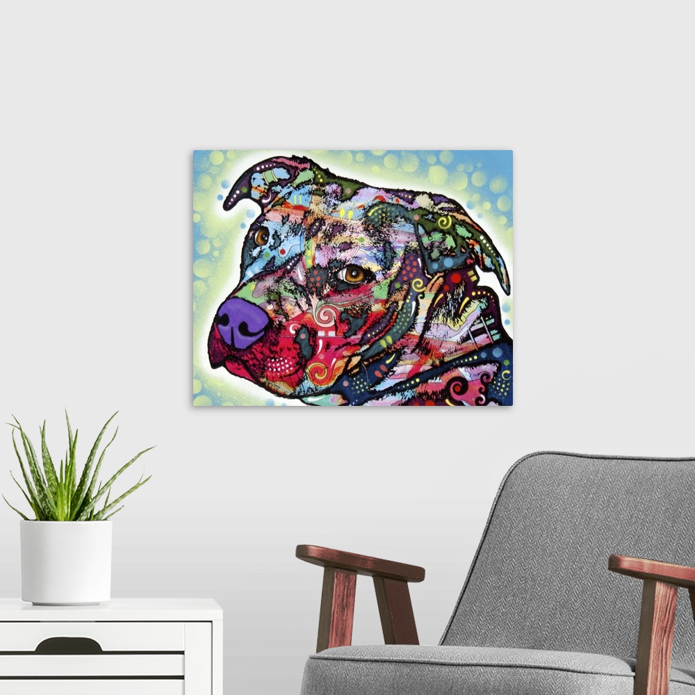 A modern room featuring Vibrant colors and patterns are used to draw a picture of just the head of a dog.