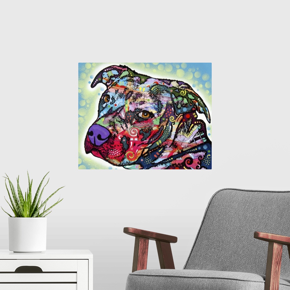 A modern room featuring Vibrant colors and patterns are used to draw a picture of just the head of a dog.