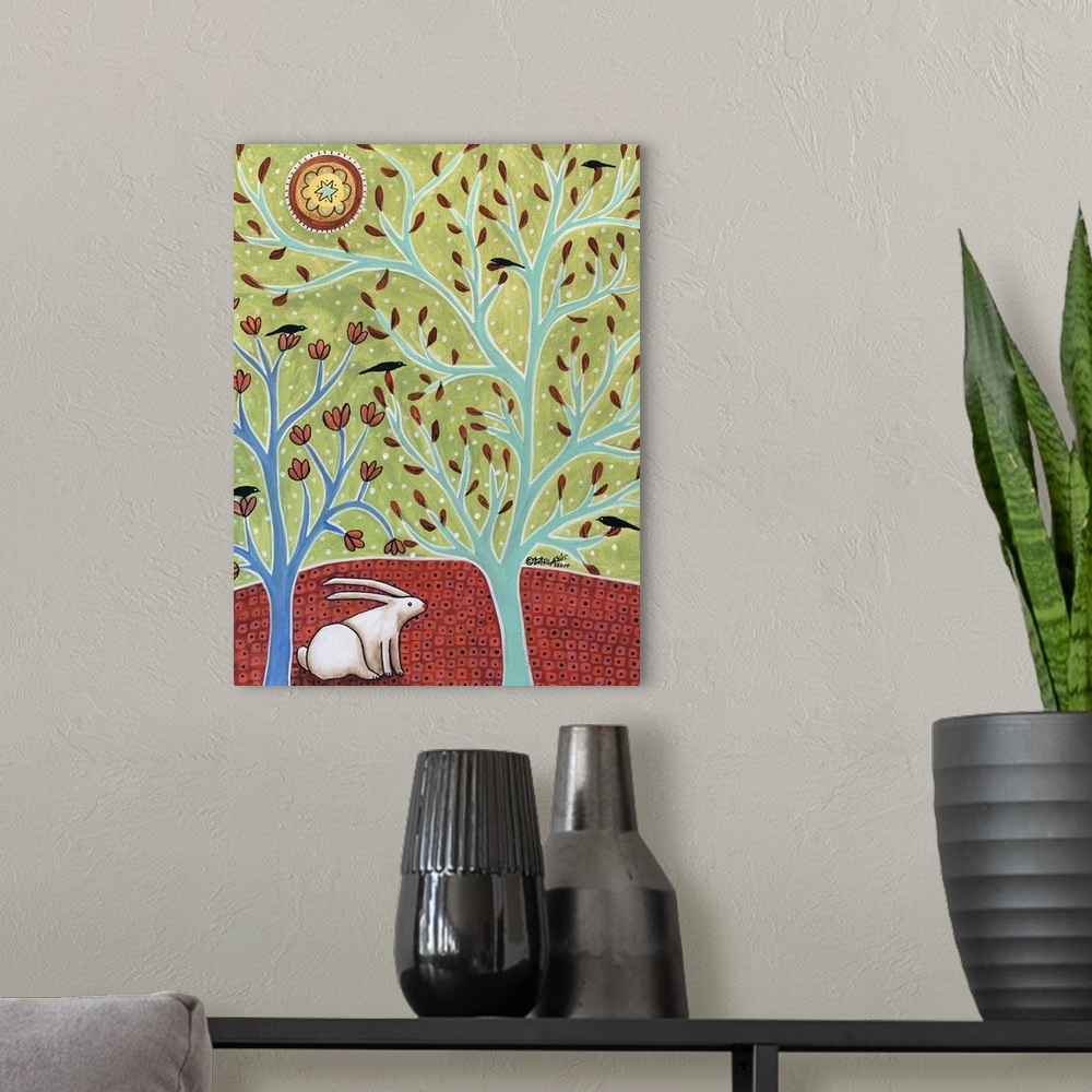 A modern room featuring Contemporary painting of a white rabbit in a forest.