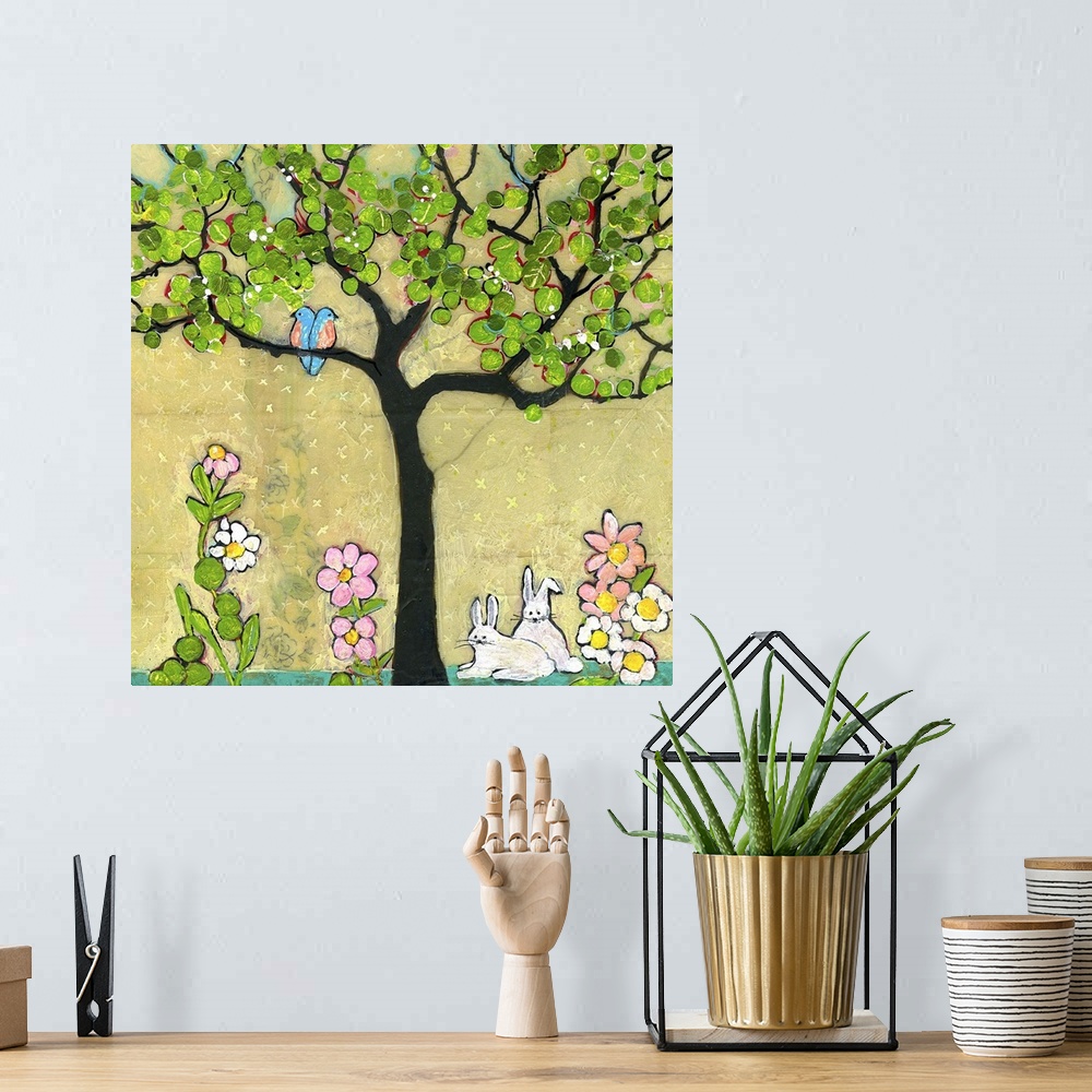 A bohemian room featuring Lighthearted contemporary painting of a tree with blue birds perched on the on the branches.