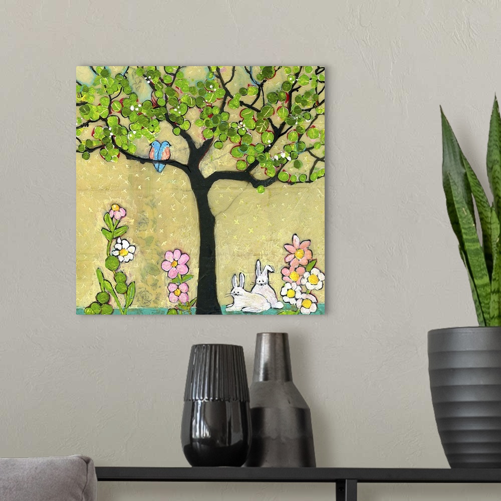 A modern room featuring Lighthearted contemporary painting of a tree with blue birds perched on the on the branches.