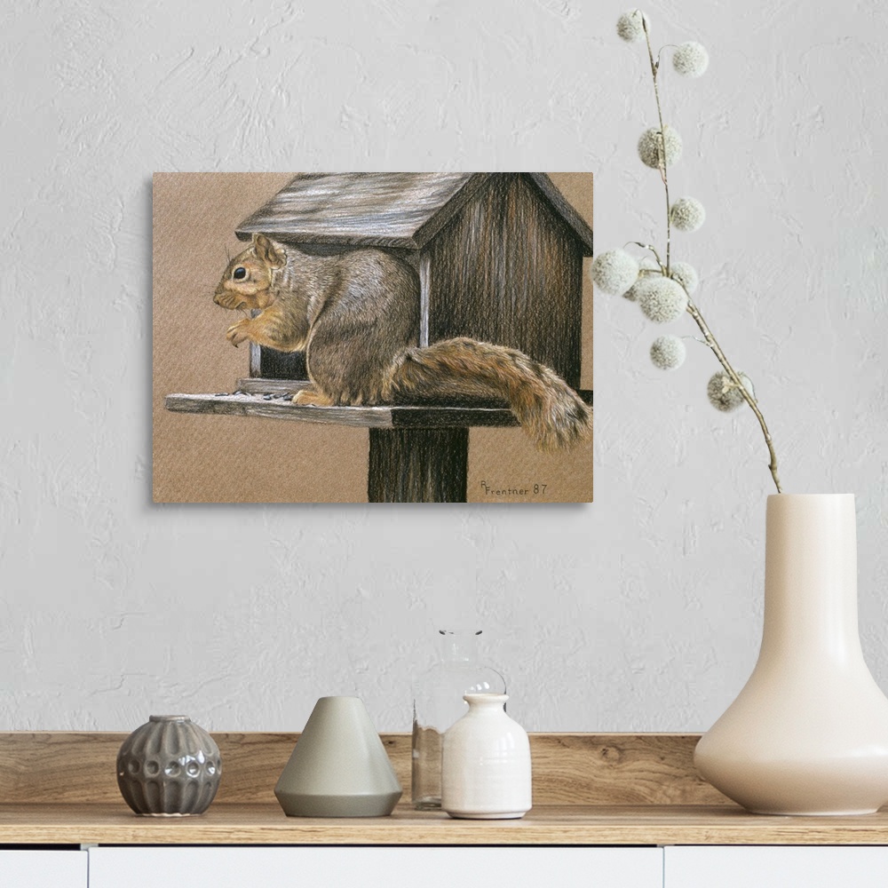 A farmhouse room featuring A squirrel stealing the bird food from the feeder.