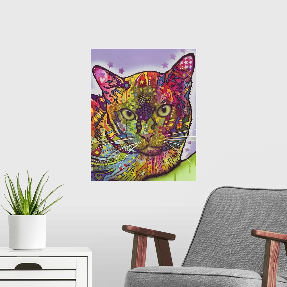 A modern room featuring Contemporary artwork of a cat's outline filled with several multicolored patterns arranged in a g...