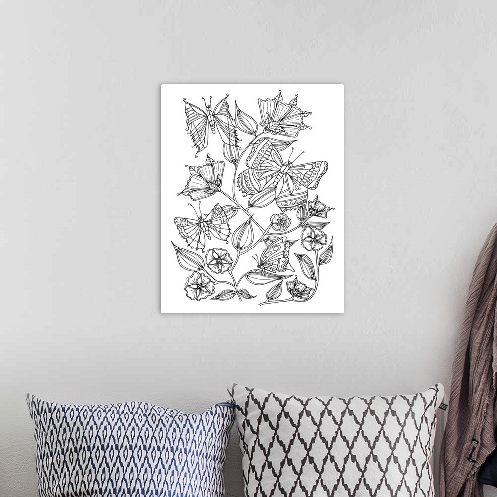 A bohemian room featuring Line art of butterflies with patterned wings flying around flowers.