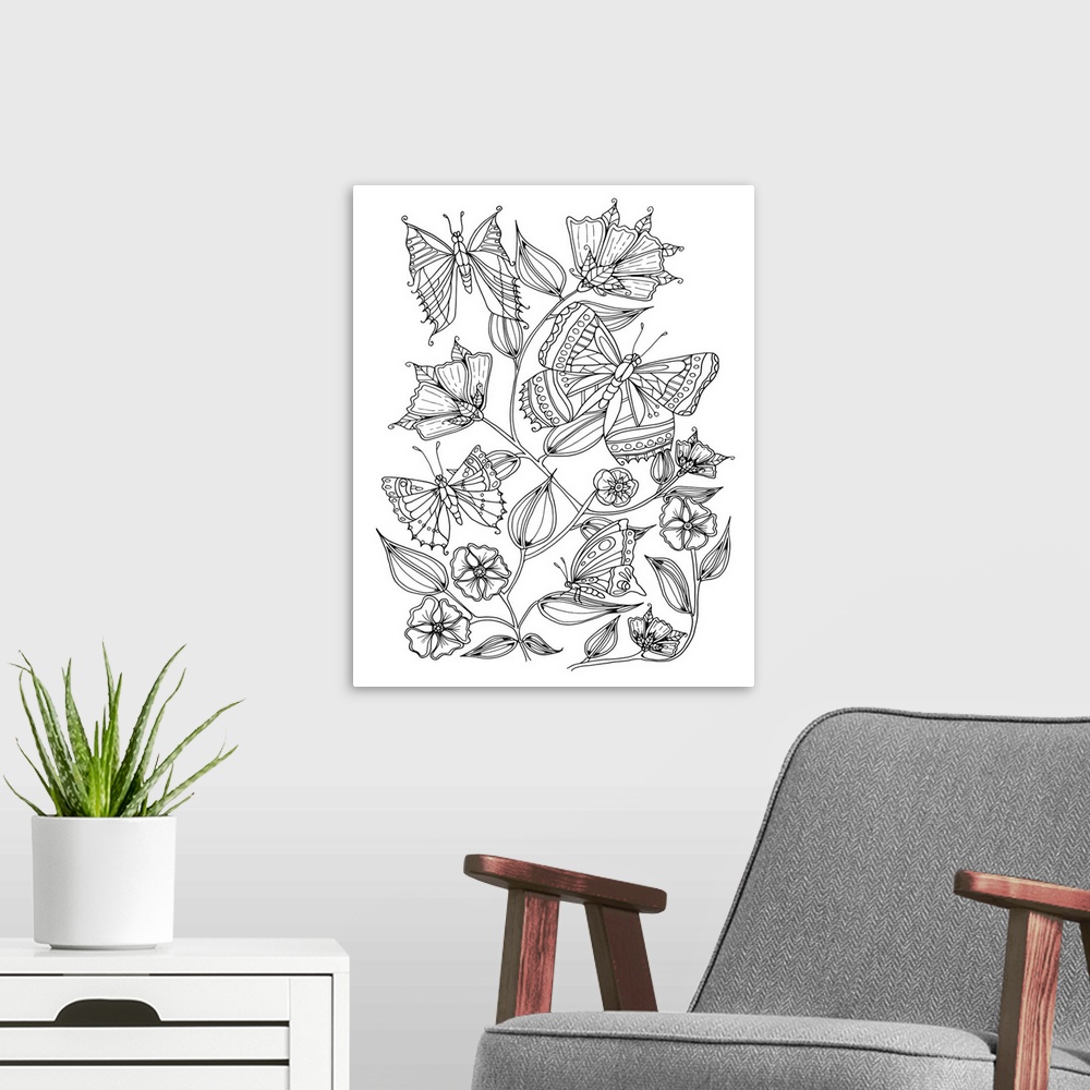 A modern room featuring Line art of butterflies with patterned wings flying around flowers.