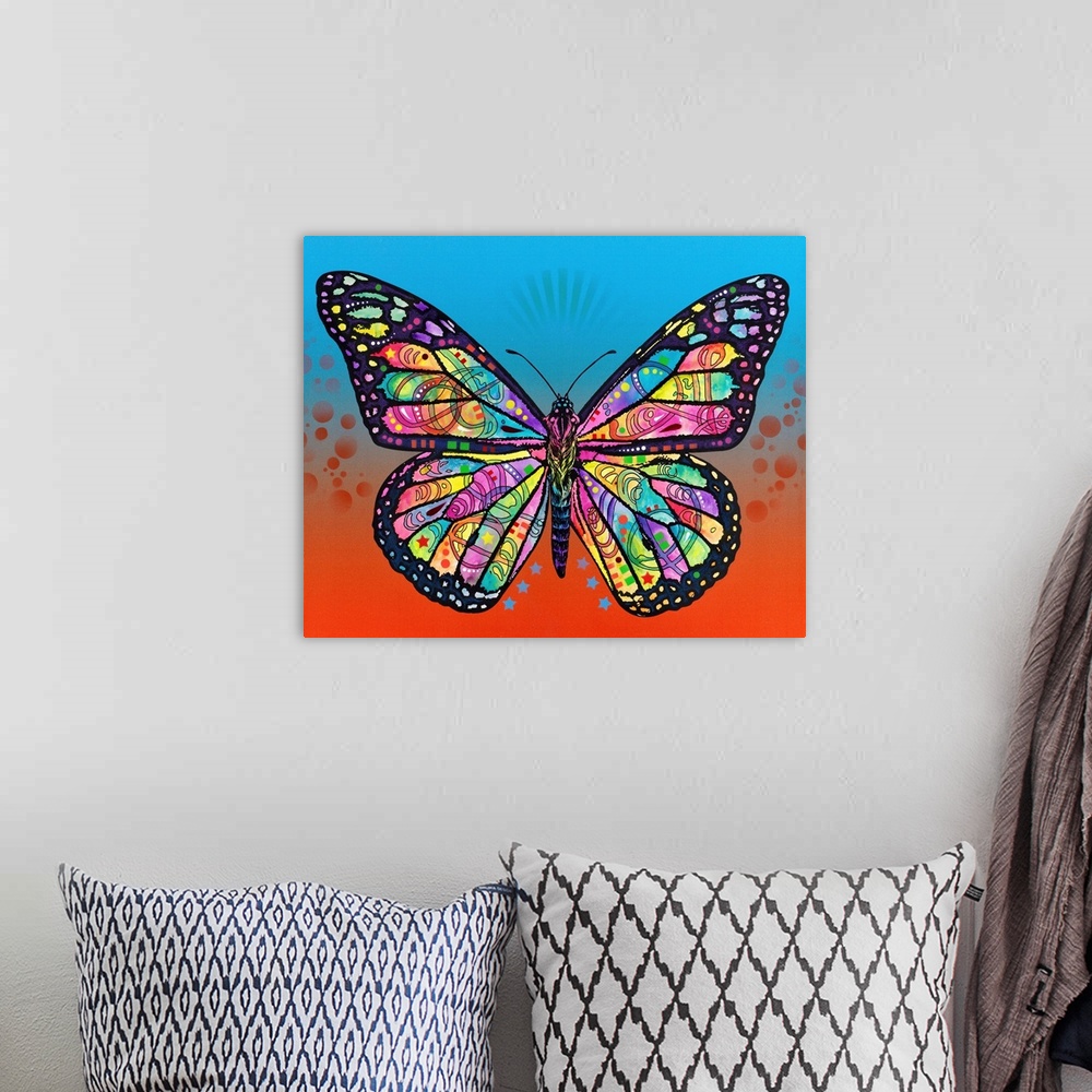 A bohemian room featuring Intricate illustration of a colorful butterfly with abstract designs on a blue and orange backgro...