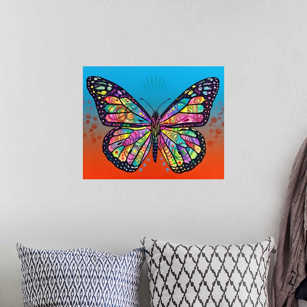 A bohemian room featuring Intricate illustration of a colorful butterfly with abstract designs on a blue and orange backgro...