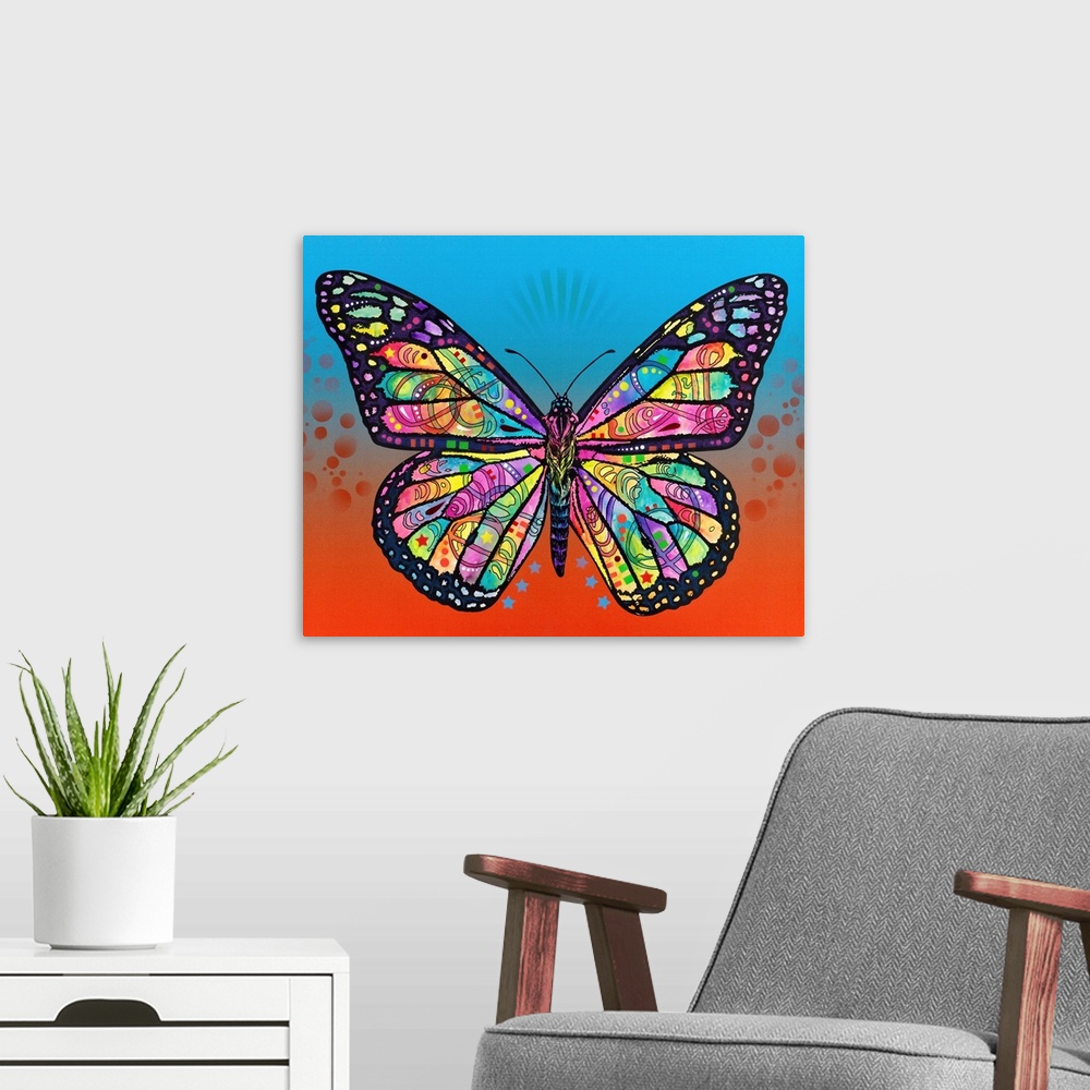 A modern room featuring Intricate illustration of a colorful butterfly with abstract designs on a blue and orange backgro...