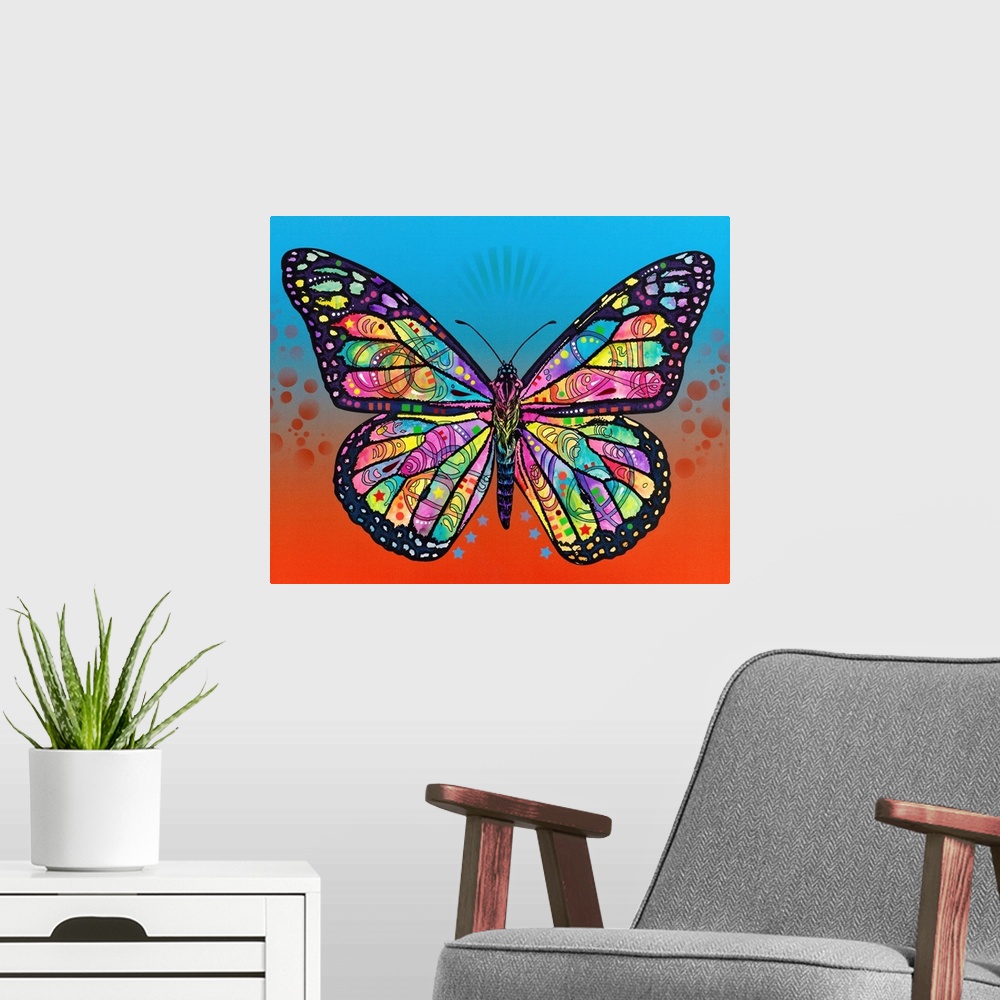 A modern room featuring Intricate illustration of a colorful butterfly with abstract designs on a blue and orange backgro...