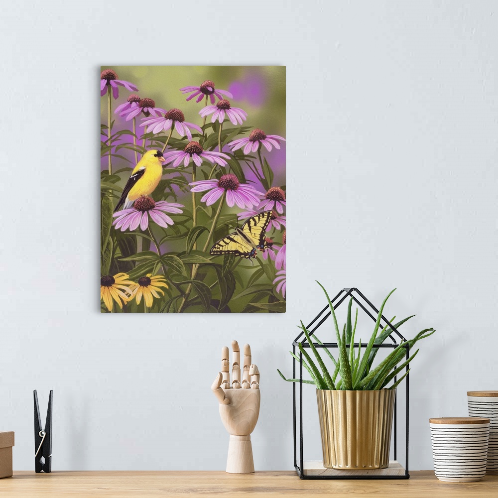 A bohemian room featuring Butterfly And Finch Amongst Flowers