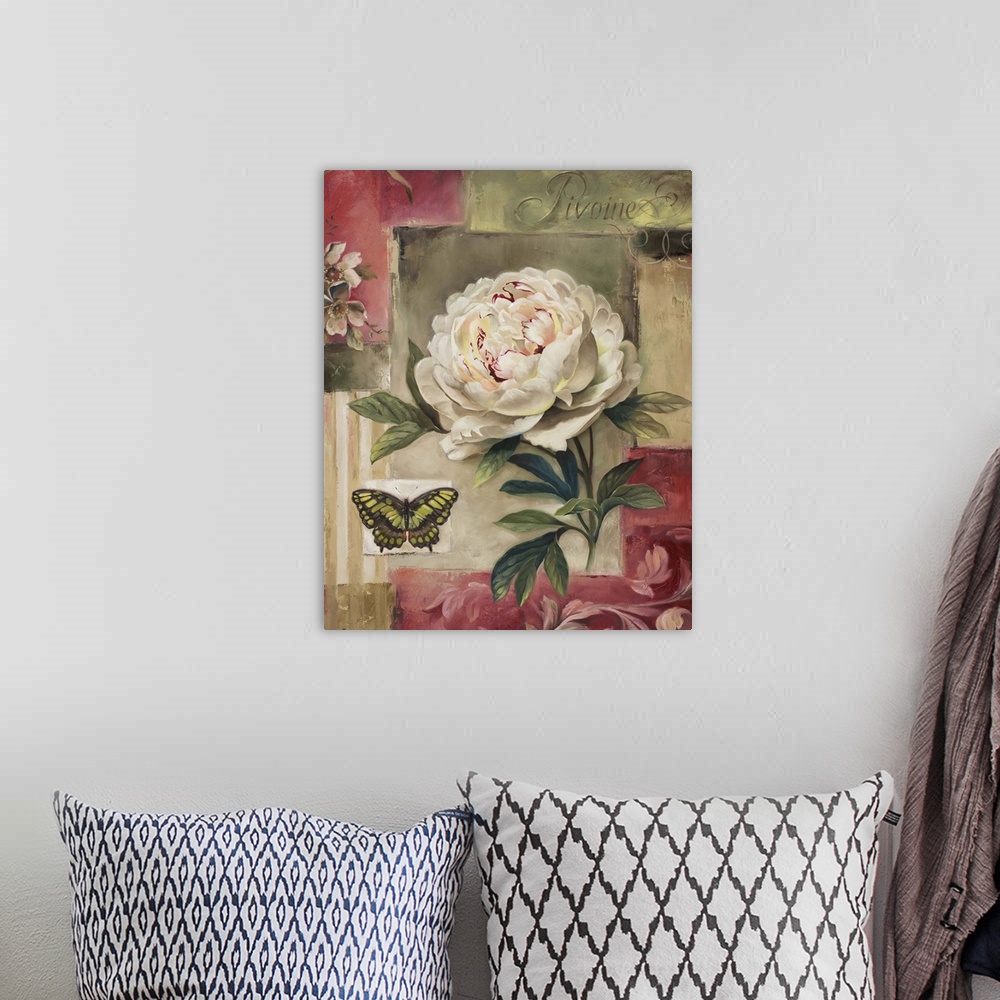 A bohemian room featuring white peony with a butterfly