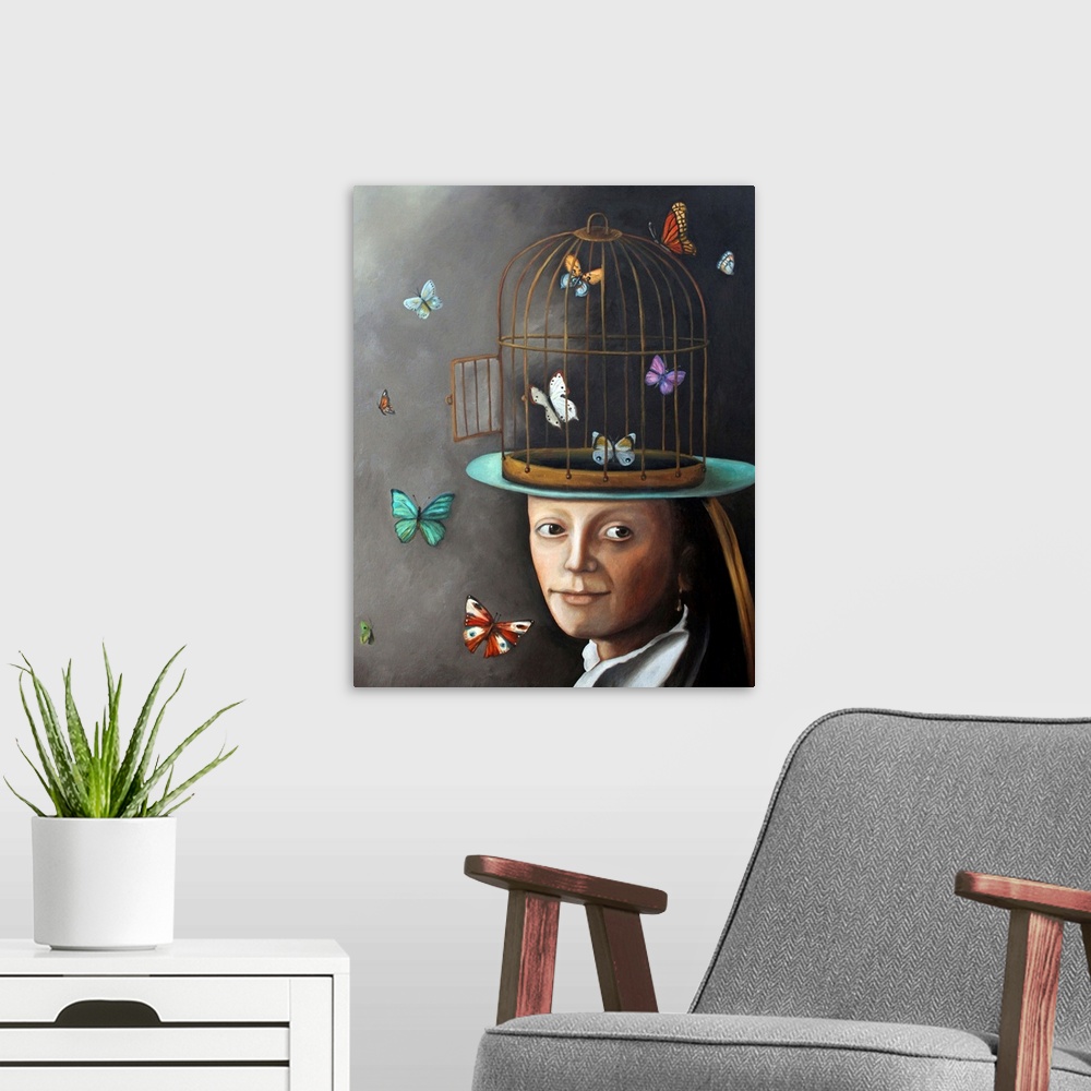 A modern room featuring Surrealist painting of a woman with the top half of her head as a cage with butterflies flying al...