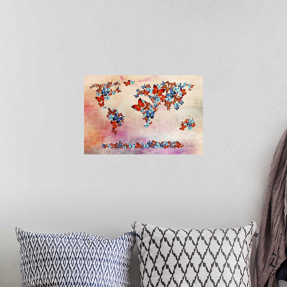 A bohemian room featuring World map comprised of different colored butterflies.